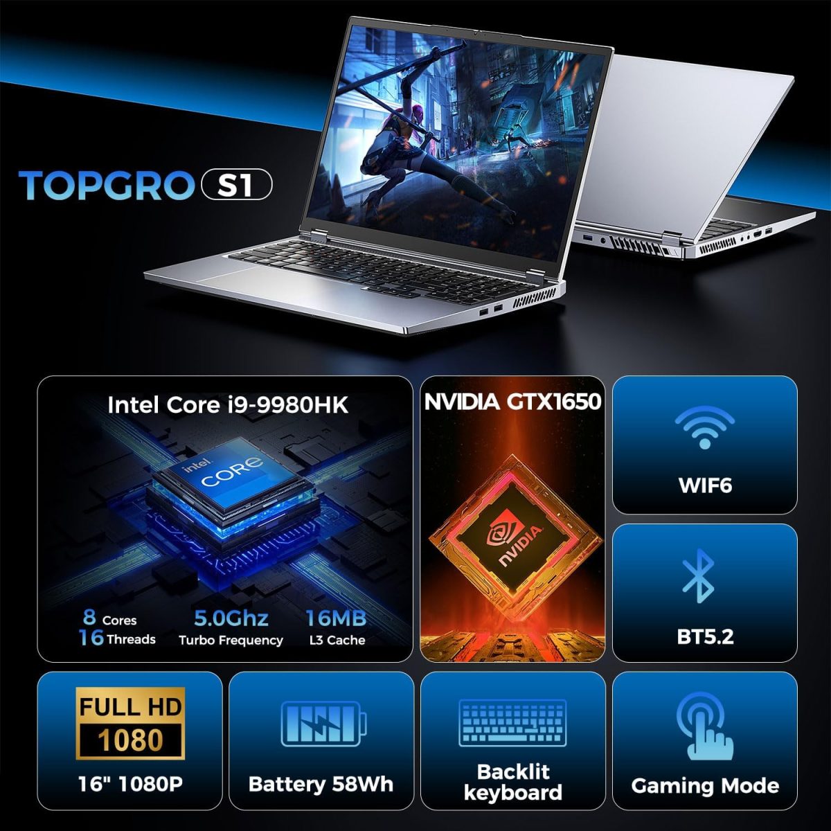 ⁦لابتوب العاب من توبغرو، شاشة 16 انش FHD 60Hz، كور i9-9980HK/ جيفورس GTX1650 (8C/16T، حتى 5.0Ghz)، لابتوب اعمال 32GB DDR4 RAM، 1TB PCIe3.0 SSD/HDMI/كاميرا ويب/كيبورد باضاءة خلفية/واي فاي 6/ويندوز 11⁩ - الصورة ⁦2⁩