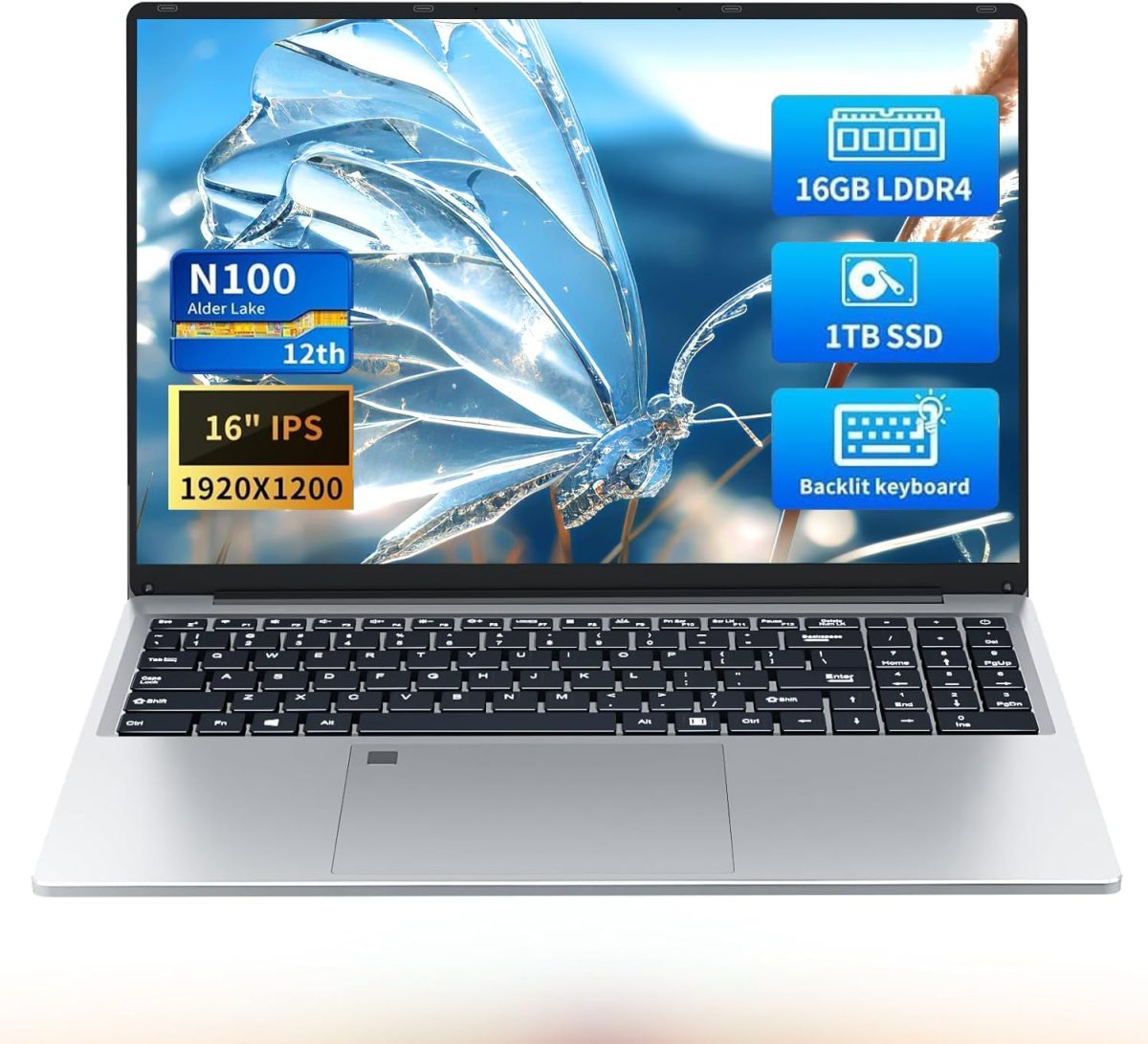 لابتوب العاب 16 انش، انتل سيليرون N100 (حتى 3.4GHZ) ويندوز 11 برو للالعاب 16GB 1TB SSD، لابتوب تقليدي، شاشة FHD 1920x1200، فتح بصمة الاصبع، كيبورد باضاءة خلفية، نتبوك