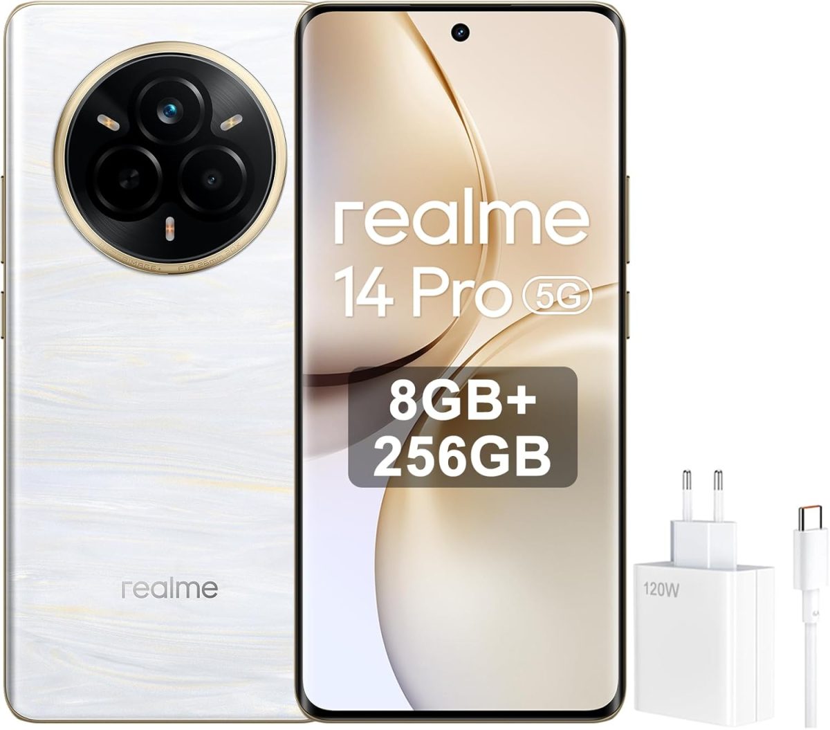 ريلمي هاتف ذكي 14 برو بلس ثنائي شرائح الاتصال بذاكرة روم 256GB وذاكرة RAM 8GB (جي اس ام فقط | بدون سي دي ام ايه) هاتف ذكي 5G مفتوح من المصنع (ابيض لؤلؤي) - اصدار عالمي