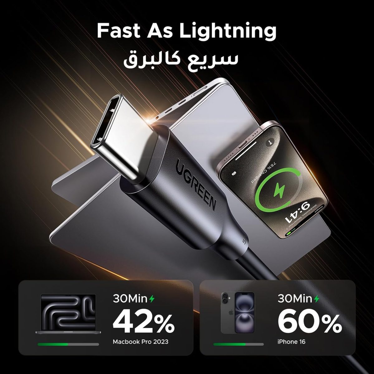 ⁦يوجرين كابل يو إس بي سي من 100 وات 3 متر، سلك شحن سريع PD، كبل شحن سريع من تايب سي لهاتف آيفون 16 برو ماكس، ماك بوك إير/برو، آيباد، سامسونج جالاكسي إس 24/23 ألترا، بيكسل، سويتش، شاحن يو إس بي⁩ - الصورة ⁦2⁩