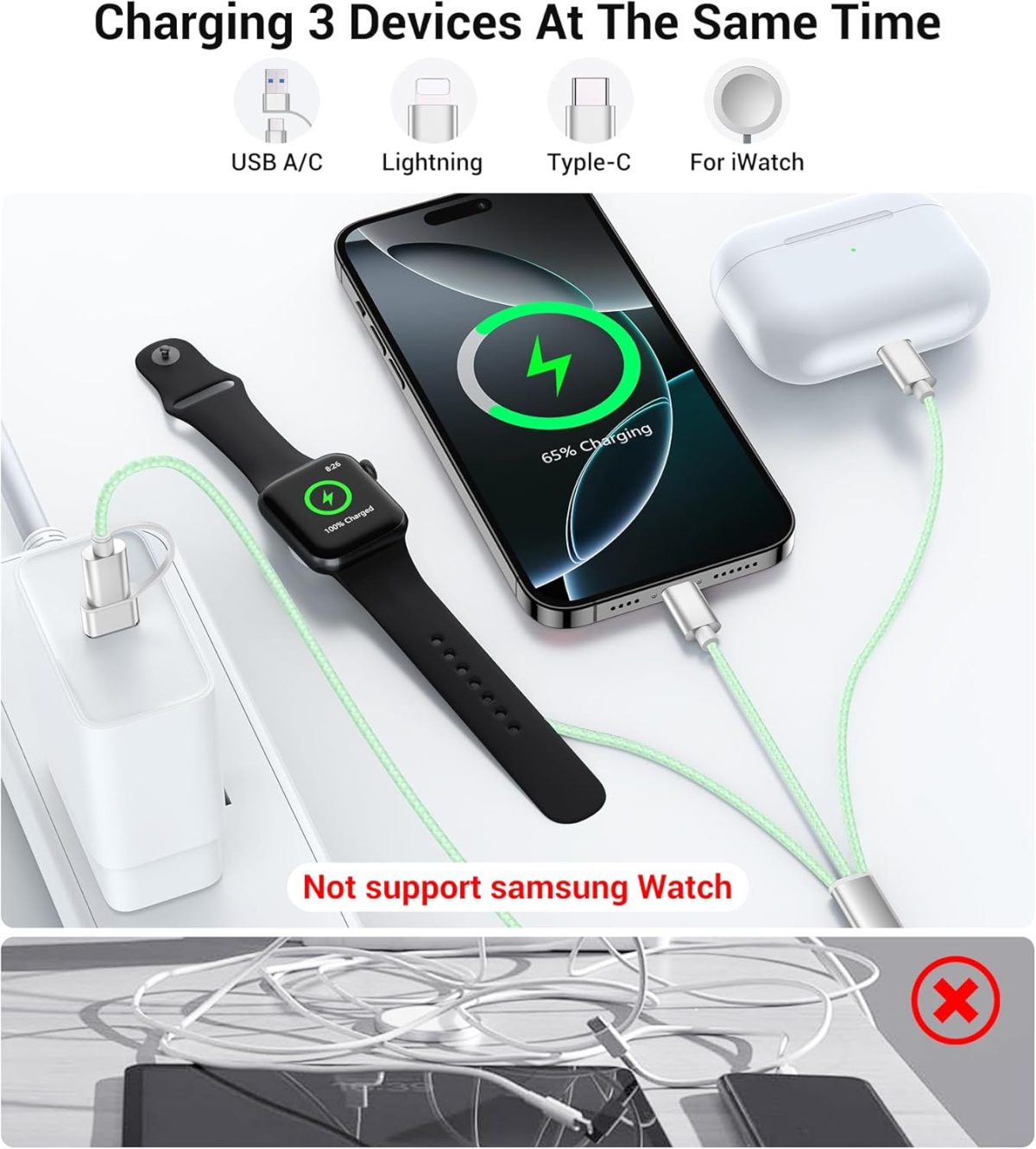 ⁦تيمدان شاحن ساعة ابل، كيبل USB C 3 في 2 لشاحن ايفون 16/نوع سي/لايتنينج، سلك كابل شحن متعدد، اساسيات السفر المحمولة مصمم لساعة اي ووتش الترا/اس اي/10-1 وايفون 16-12-4 قدم، اخضر⁩ - الصورة ⁦3⁩