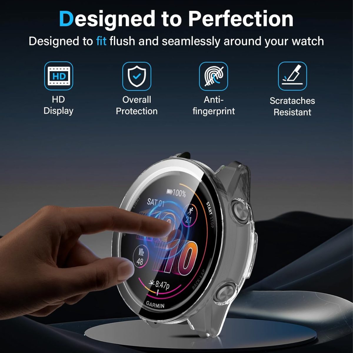 ⁦Haofun 2 Pieces Cover for Garmin Forerunner 570 47 mm/Forerunner 970 with 9H HD Ultra Tempered Glass Screen Protector, PC Protective Case, Full Protection – Black + Transparent⁩ - الصورة ⁦2⁩