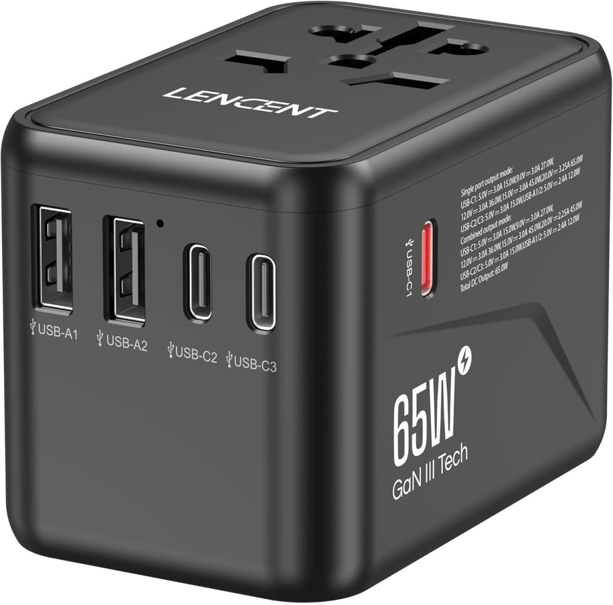 لانسينت شاحن سفر عالمي جان III بقدرة 65 واط مع منفذين USB و3 محول شحن سريع USB-C بي دي، شاحن حائط عالمي لايفون والتابلت واللابتوب نوع A/C/G/I (USA/UK/EU/AUS)
