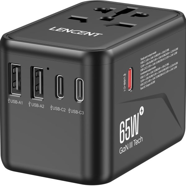 لانسينت شاحن سفر عالمي جان III بقدرة 65 واط مع منفذين USB و3 محول شحن سريع USB-C بي دي، شاحن حائط عالمي لايفون والتابلت واللابتوب نوع A/C/G/I (USA/UK/EU/AUS)