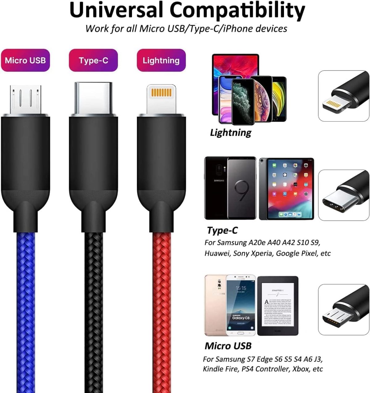 ⁦كيبل USB 3 في 1 متعدد الشحن بتصنيف IP لمقاومة المياه والغبار من ايونيس، كيبل مايكرو USB، سلك شحن سريع متوافق مع ايفون 13 12 11 جالكسي اس 20 اس 10 اس 9 اس 8 اس 7 مايكرو يو اس بي اندرويد⁩ - الصورة ⁦6⁩