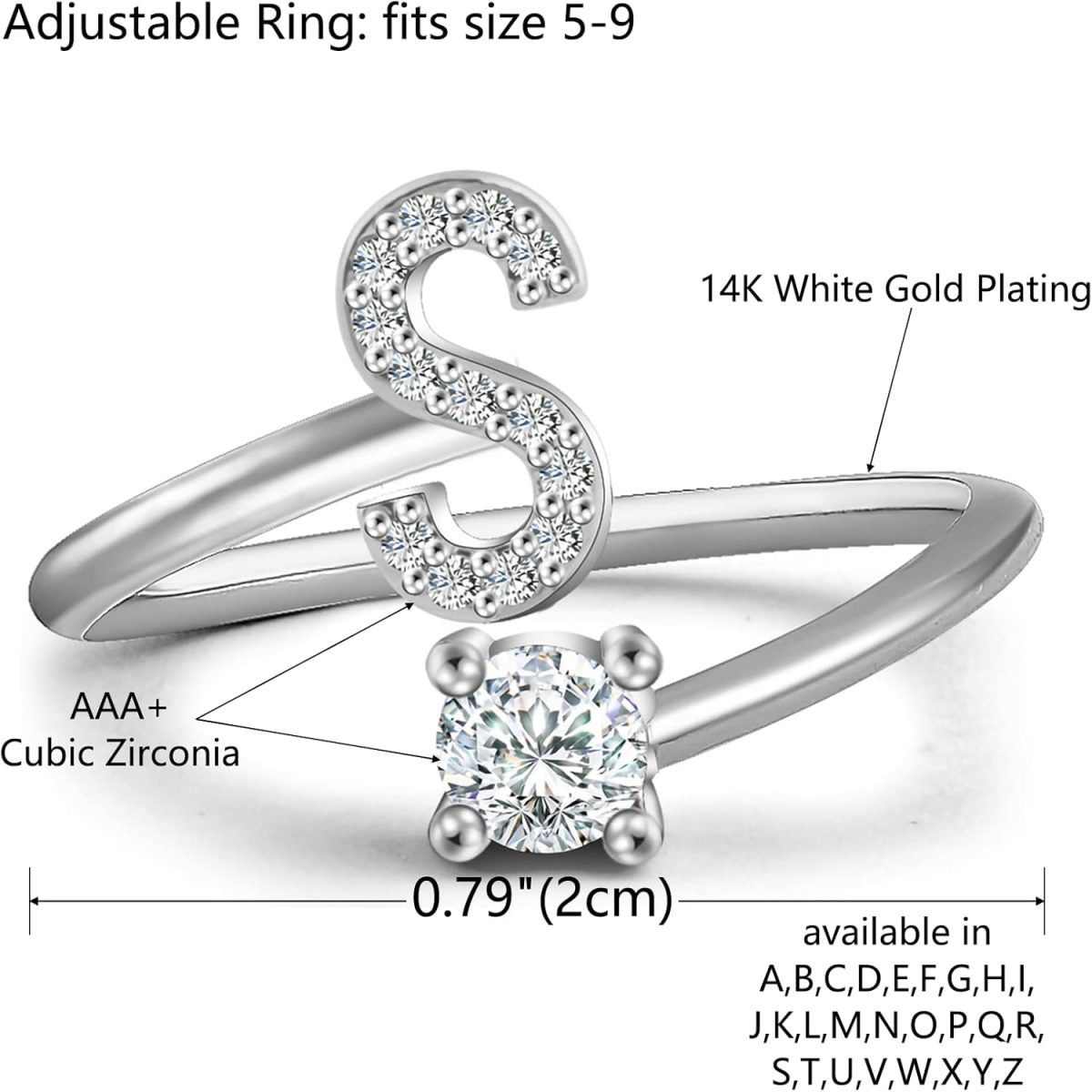 ⁦Haoze Initial Letter Ring for Women Silver Stackable Alphabet Rings with Initial Adjustable Crystal Inlaid Initial Rings Bridesmaid Gift⁩ - الصورة ⁦2⁩