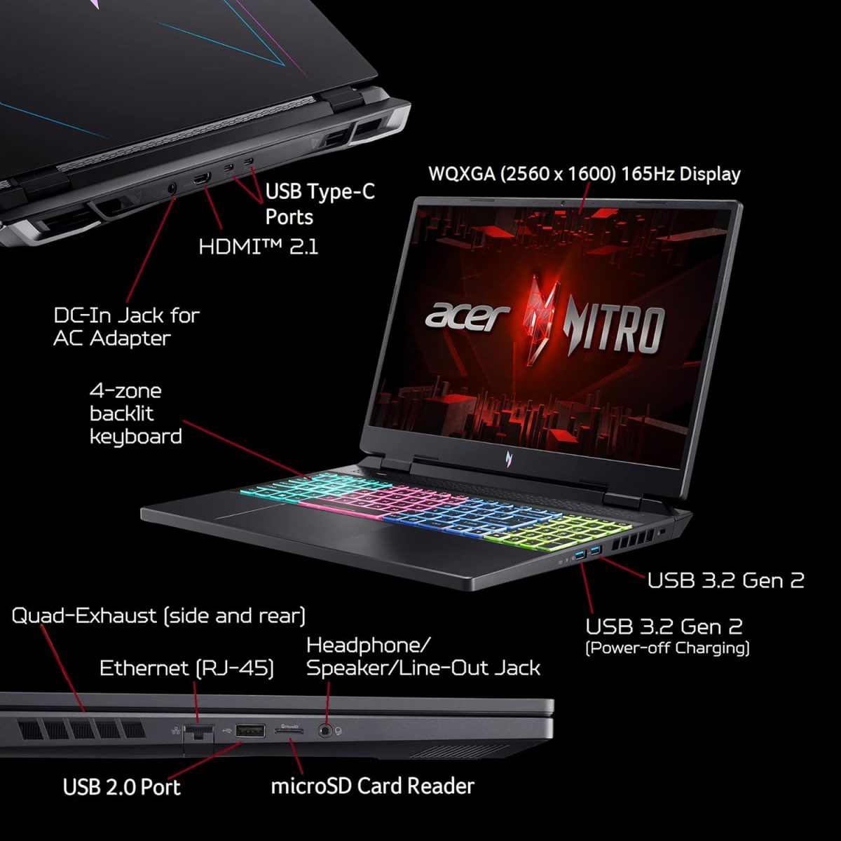 ⁦ايسر لابتوب العاب نيترو 16 بمعالج AMD رايزن 9 7940HS ثماني النواة وبطاقة رسومات انفيديا جيفورس RTX 4070 وشاشة 16 انش WQXGA 165Hz IPS و16GB DDR5 و1TB جيل 4 SSD وواي فاي 6E وكيبورد باضاءة خلفية RGB AN16⁩ - الصورة ⁦9⁩