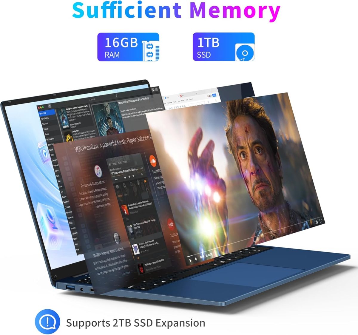 ⁦لابتوب العاب 16 انش 2025، 16GB RAM 1TB SSD، معالج N150 (حتى 3.6GHz)، FHD 1920×1200، فتح 180 درجة، اضاءة خلفية، BT4 WIFI5، ويندوز 11 برو، 6000mAh/46.2Wh، كحلي⁩ - الصورة ⁦3⁩
