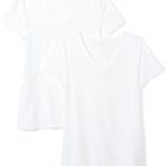تي شيرت نسائي بقصة كلاسيكية واكمام قصيرة ورقبة على شكل حرف V من أمازون اسنشيالز، عبوة من قطعتين، ابيض، مقاس L
