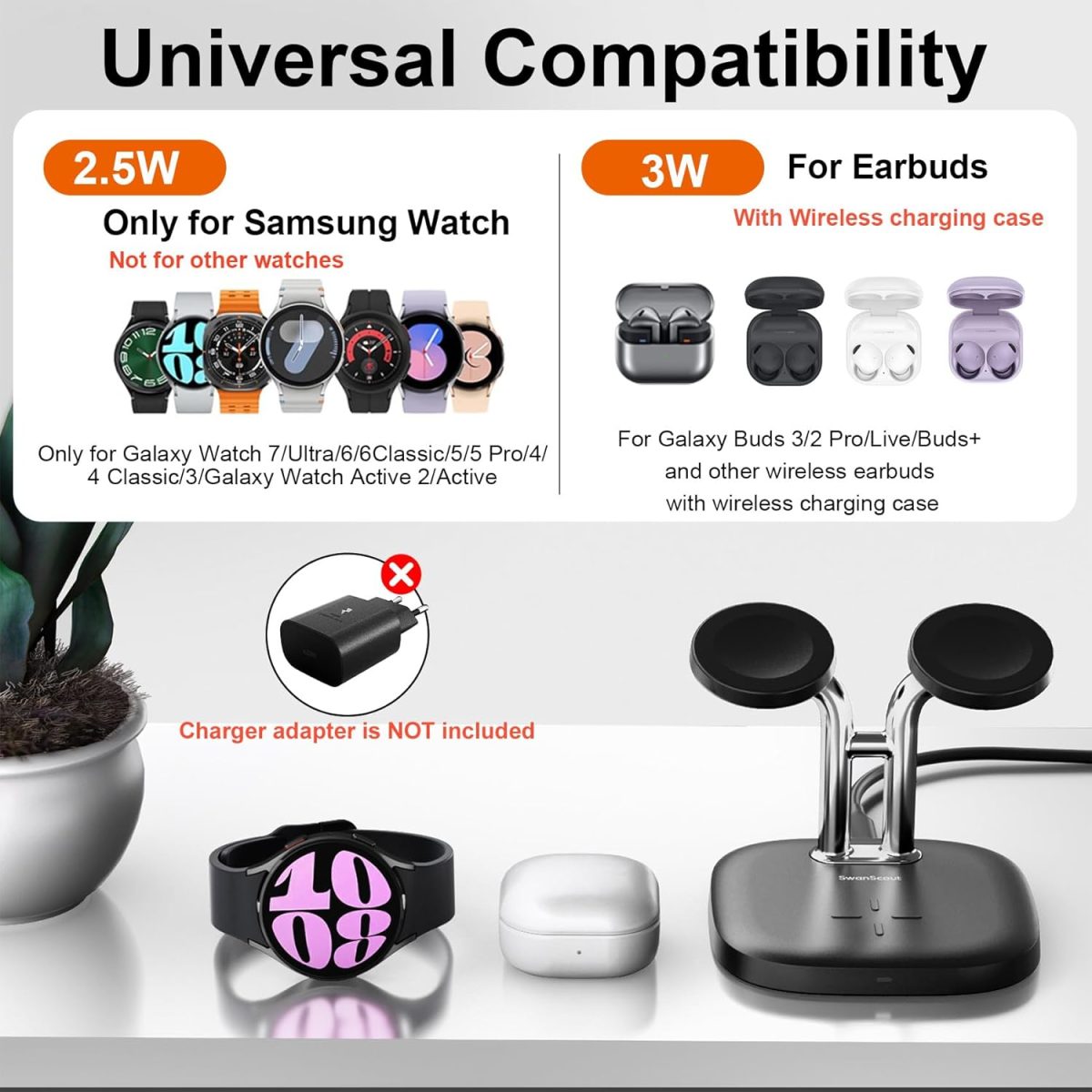 ⁦SwanScout Dual Watch Charger, SwanScout 704S, 3 in 1 Wireless Charging Station for Samsung Galaxy Watch 8 Classic/8/Ultra/7/6/6 Classic/5 Pro/5/4/3/Active 2, for Galaxy Buds 3 Pro/3/2 Pro⁩ - الصورة ⁦2⁩