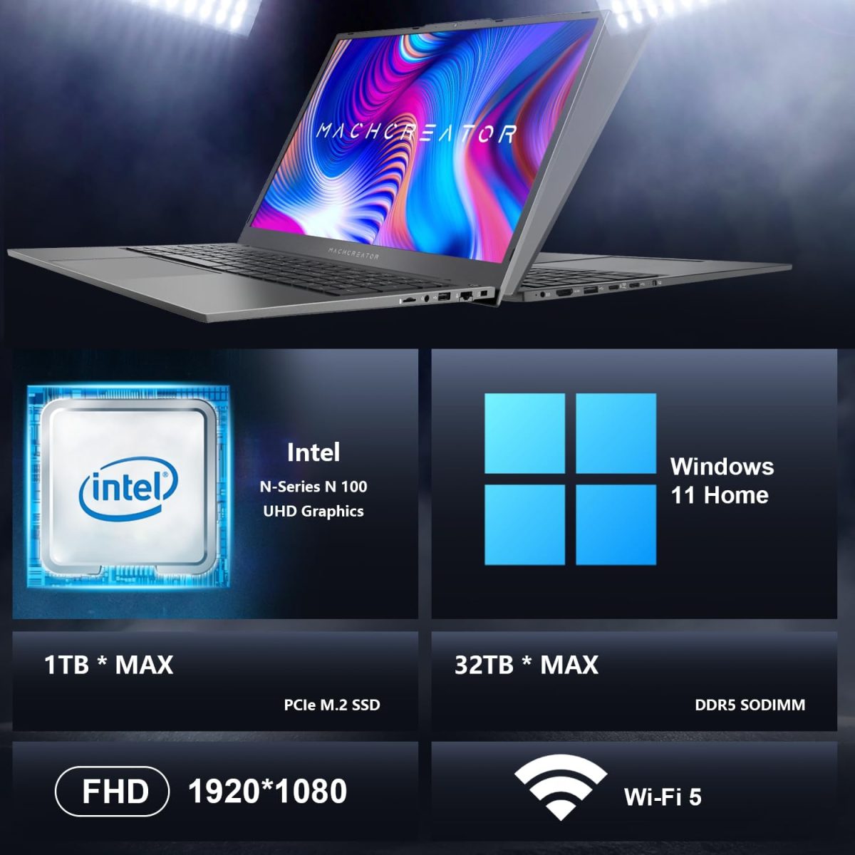 ⁦لابتوب ماشنايك 17.3 انش، معالج انتل، 16GB DDR5 RAM، 1TB SSD، كيبورد باضاءة خلفية، شاشة كبيرة مع معدل تحديث 120Hz، مثالي للعمل والمدرسة والبث المباشر، ويندوز 11 هوم، رمادي عصري⁩ - الصورة ⁦5⁩