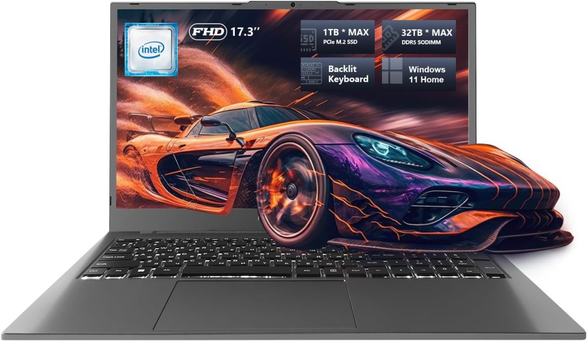 لابتوب ماشنايك 17.3 انش، معالج انتل، 16GB DDR5 RAM، 1TB SSD، كيبورد باضاءة خلفية، شاشة كبيرة مع معدل تحديث 120Hz، مثالي للعمل والمدرسة والبث المباشر، ويندوز 11 هوم، رمادي عصري