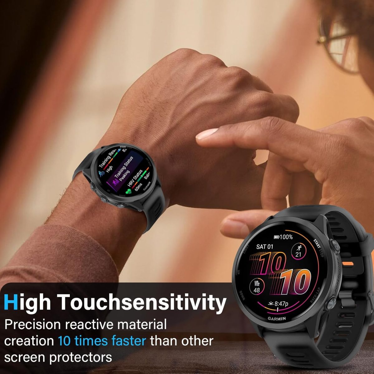 ⁦Haofun 2 Pieces Cover for Garmin Forerunner 570 47 mm/Forerunner 970 with 9H HD Ultra Tempered Glass Screen Protector, PC Protective Case, Full Protection – Black + Transparent⁩ - الصورة ⁦7⁩