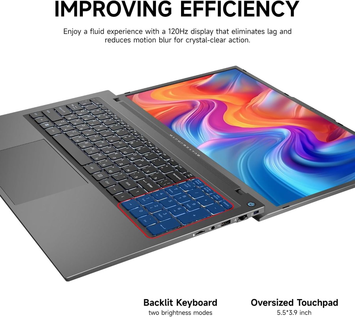 ⁦لابتوب ماك كريتور 17.3 انش FHD 120Hz، معالج انتل 8GB DDR5 RAM، 512GB SSD، كيبورد باضاءة خلفية، لوحة لمس كبيرة، كيبورد رقمية، HDMI، كاميرا ويب، مفتاح غالق الكاميرا، واي فاي، ويندوز 11 هوم، رمادي عصري⁩ - الصورة ⁦4⁩