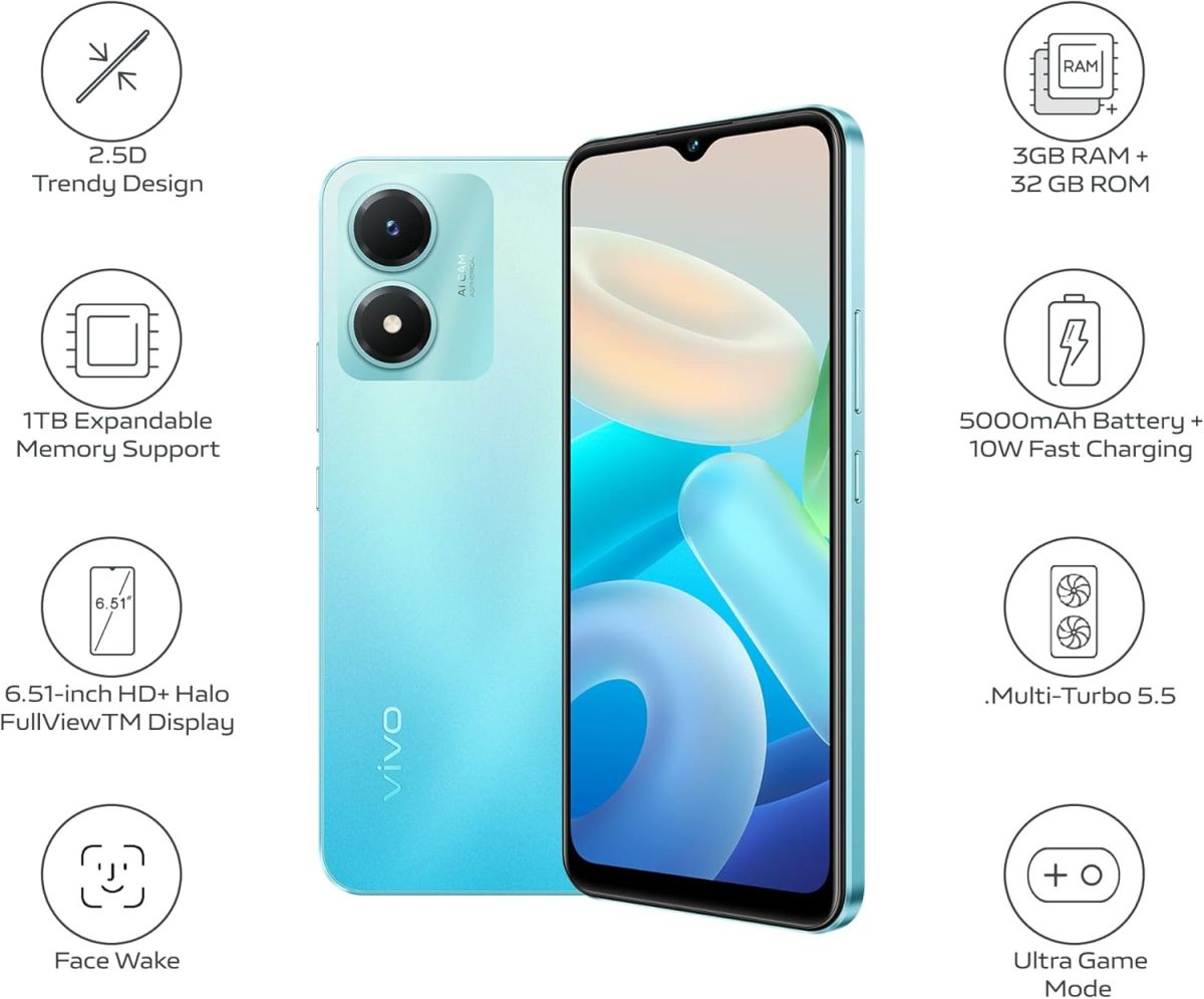 ⁦فيفو Y02s 4G ثنائي شرائح الاتصال (ازرق نابض بالحياة، 3GB RAM، 32GB) كاميرا خلفية 8MP | بطارية 5000mAh | تربو متعدد 5.5 | ضمان 12 شهر + سماعات اذن + حامل حلقي⁩ - الصورة ⁦3⁩
