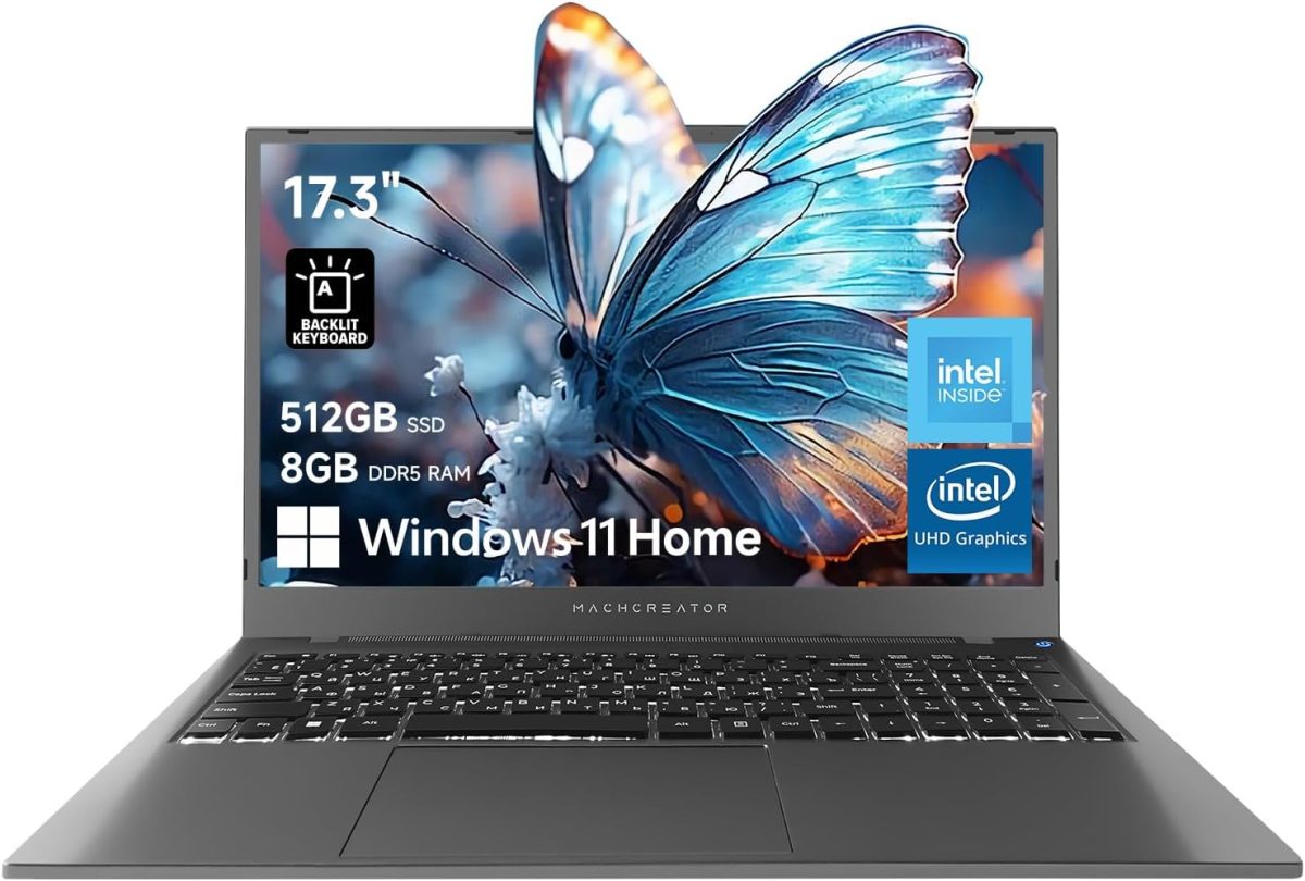 لابتوب ماك كريتور 17.3 انش FHD 120Hz، معالج انتل 8GB DDR5 RAM، 512GB SSD، كيبورد باضاءة خلفية، لوحة لمس كبيرة، كيبورد رقمية، HDMI، كاميرا ويب، مفتاح غالق الكاميرا، واي فاي، ويندوز 11 هوم، رمادي عصري