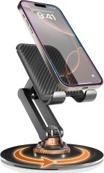 Cooper 360 Stand - Adjustable Cell Phone Stand for Desk | 360 Click-Rotating, Multi-Angle, Non-Slip Metal Base, Foldable & Portable | iPhone Stand for Desk, Cell Phone Stand Holder (Piano Black)