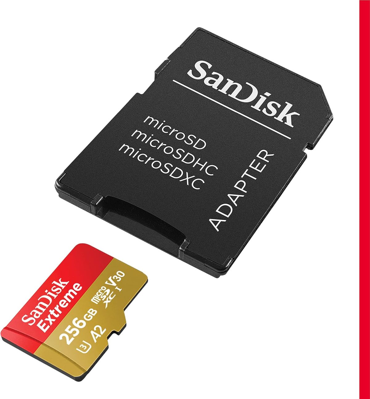 ⁦سانديسك بطاقة مايكرو اس دي اكس سي اكستريم 256GB + محول SD + ريسكيو برو ديلوكس حتى 190 ميجابايت/ثانية، مع اداء تطبيق A2، UHS I، الفئة 10، U3، V30، اسود⁩ - الصورة ⁦2⁩
