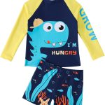 هابي تشيري بدلة سباحة للاطفال الاولاد للحماية من الطفح الجلدي سريعة الجفاف للحماية من الشمس، بدلة سباحة مطبوعة باكمام طويلة وقمصان وشورت