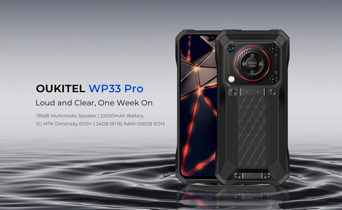 اماف هاتف ذكي اوكيتيل WP33 برو 5G مع حماية ثلاثية، مكبر صوت وسائط متعددة 136 ديسيبل، شاشة 6.6 انش FHD+ 24GB + 256GB، بطارية كبيرة 22000mAh، كاميرا 64 ميجابكسل، ان اف سي/جي بي اس