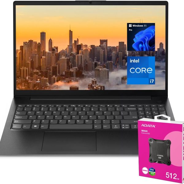 لينوفو لابتوب في-سيريز V15 للاعمال بشاشة 15.6 انش FHD 1920 × 1080 ومعالج انتل كور i7-13620H جيل 13 وذاكرة RAM 40GB وSSD 1TB وكاميرا ويب وواي فاي 6 وويندوز 11 برو، اسود مع اي داتا 512GB SSD خارجي
