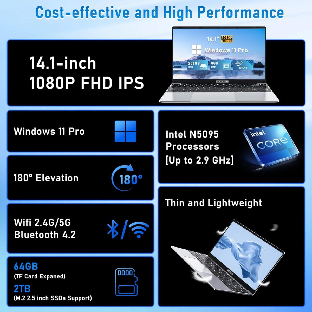 ⁦لابتوب العاب 14 انش من فونيت، لابتوب 2025 ويندوز 11 برو، 8GB RAM 256GB SSD، معالج انتل الجيل 11 N5095 (حتى 2.9GHz)، FHD 1920×1080، بلوتوث 4.2⁩ - الصورة ⁦2⁩