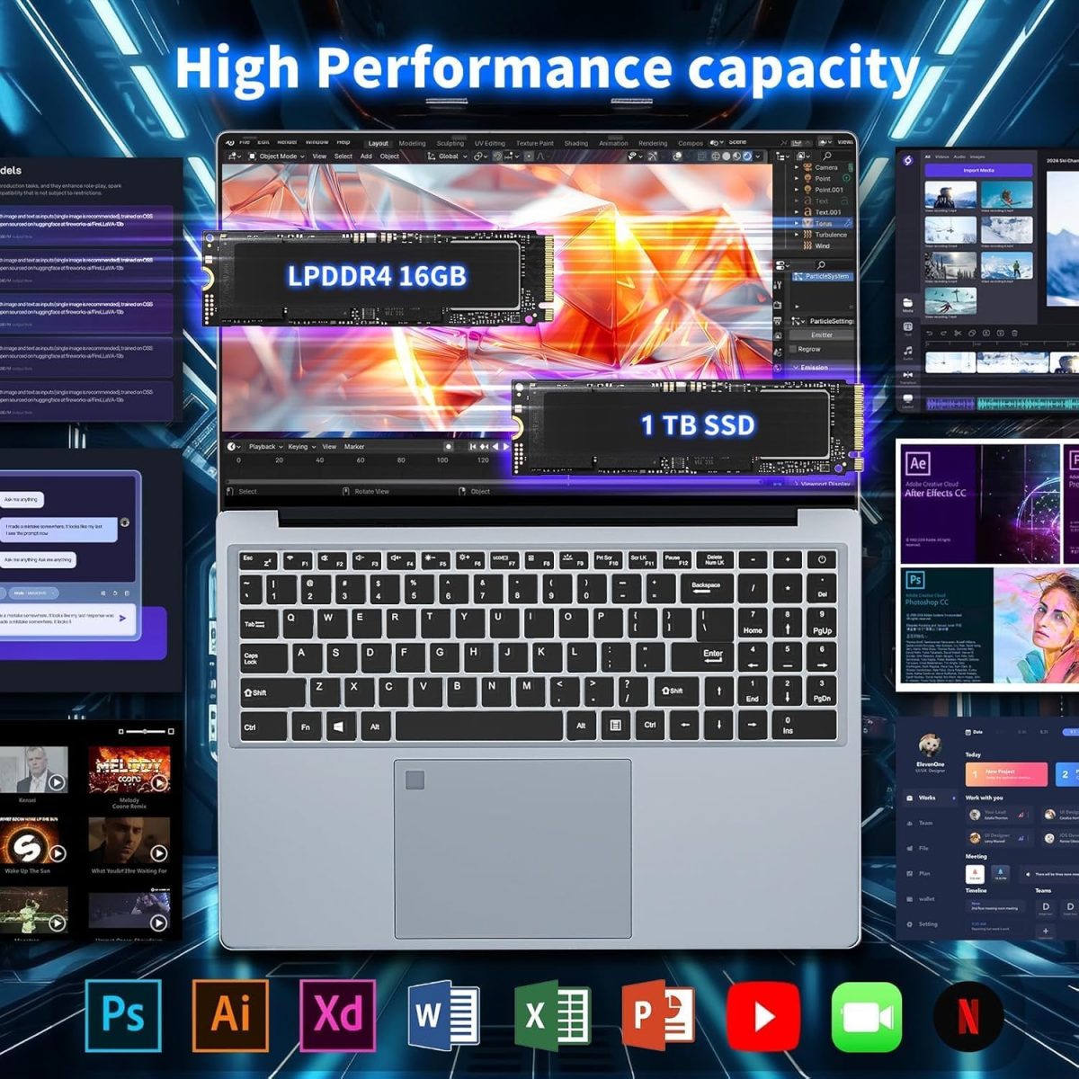 ⁦لابتوب العاب 16 انش، انتل سيليرون N100 (حتى 3.4GHZ) ويندوز 11 برو للالعاب 16GB 1TB SSD، لابتوب تقليدي، شاشة FHD 1920x1200، فتح بصمة الاصبع، كيبورد باضاءة خلفية، نتبوك⁩ - الصورة ⁦5⁩