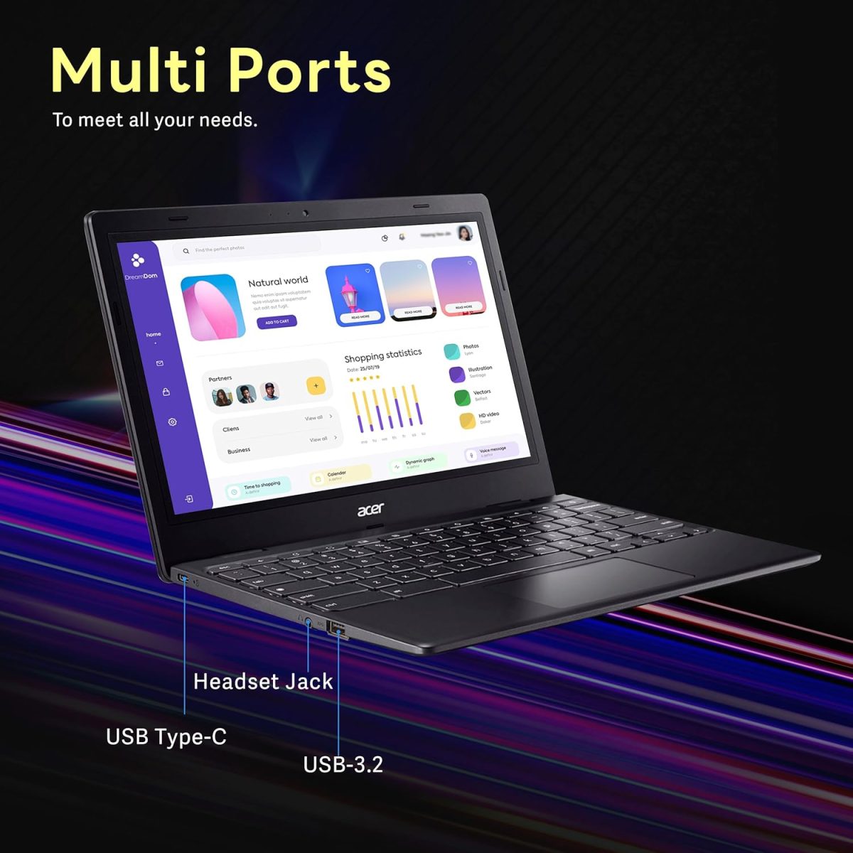 ⁦ايسر لابتوب كروم بوك 311 11.6 انش HD، انتل سيليرون N4500، بطاقة عرض مرئي انتل UHD، ذاكرة RAM LPDDR4X 4GB، تخزين 224GB (64GB eMMC + مجموعة قاعدة شحن 160GB)، نظام تشغيل كروم، واي فاي 5، اسود⁩ - الصورة ⁦9⁩