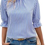 قمصان نسائية مخططة برقبة دائرية بدون طوق نصف كم من جورجليتر، قمصان ديكور غير متماثلة بزر خلفي