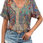 بلوزة كاجوال باكمام قصيرة وقبة V وطباعة كاملة للنساء من جورجليتر