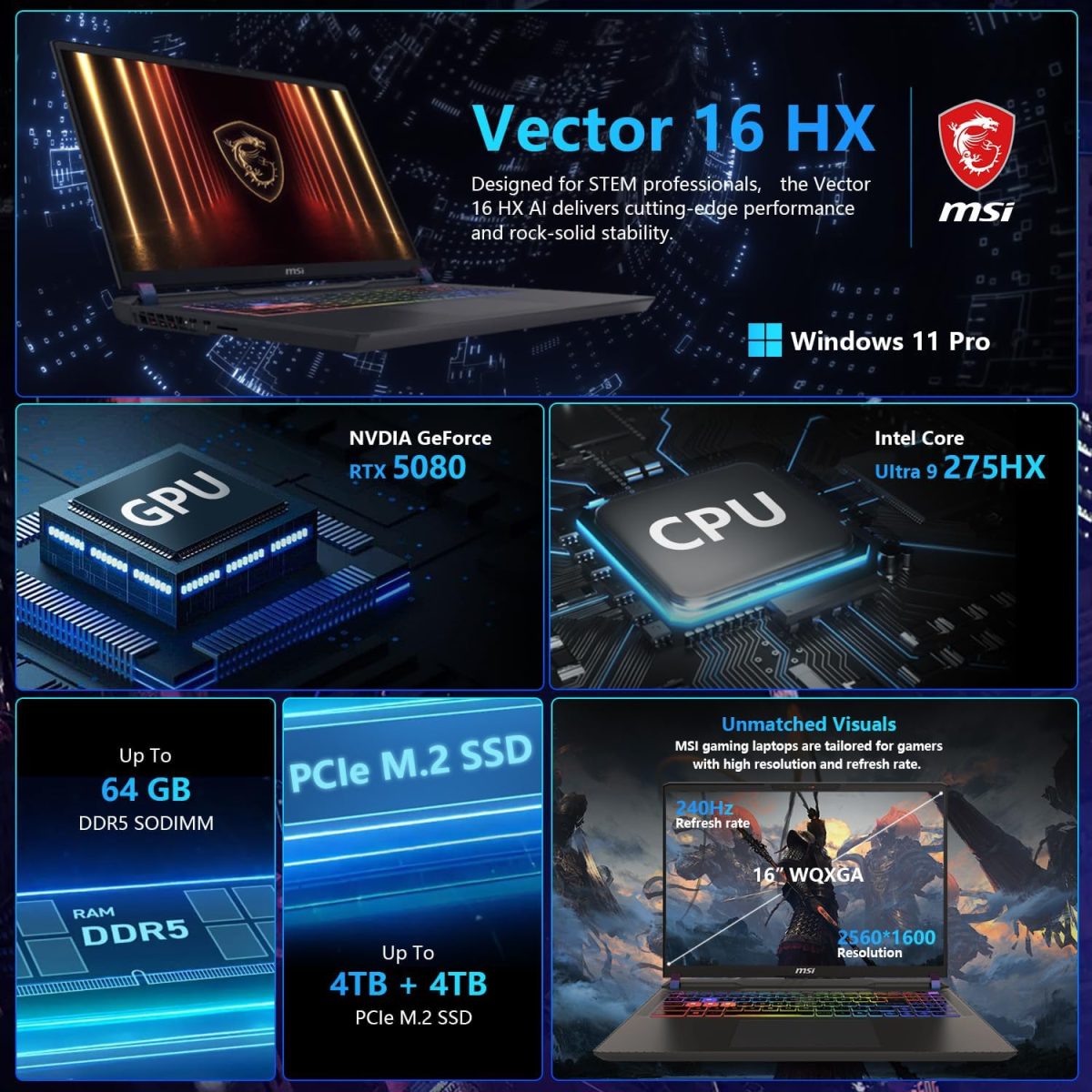 ⁦MSI لابتوب العاب فيكتور 16 HX RTX 5080 16 انش QHD+ 240Hz الترا 9 275HX (افضل من i9-14900HX)، انفيديا جيفورس RTX 5080 AI برو، 64GB DDR5، 4TB SSD، اضاءة خلفية RGB، حزمة مع مبرد قابل للطي⁩ - الصورة ⁦5⁩