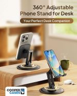 ⁦Cooper 360 Stand - Adjustable Cell Phone Stand for Desk | 360 Click-Rotating, Multi-Angle, Non-Slip Metal Base, Foldable & Portable | iPhone Stand for Desk, Cell Phone Stand Holder (Piano Black)⁩ - الصورة ⁦2⁩