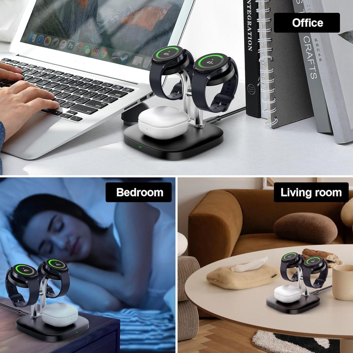 ⁦SwanScout Dual Watch Charger, SwanScout 704S, 3 in 1 Wireless Charging Station for Samsung Galaxy Watch 8 Classic/8/Ultra/7/6/6 Classic/5 Pro/5/4/3/Active 2, for Galaxy Buds 3 Pro/3/2 Pro⁩ - الصورة ⁦7⁩