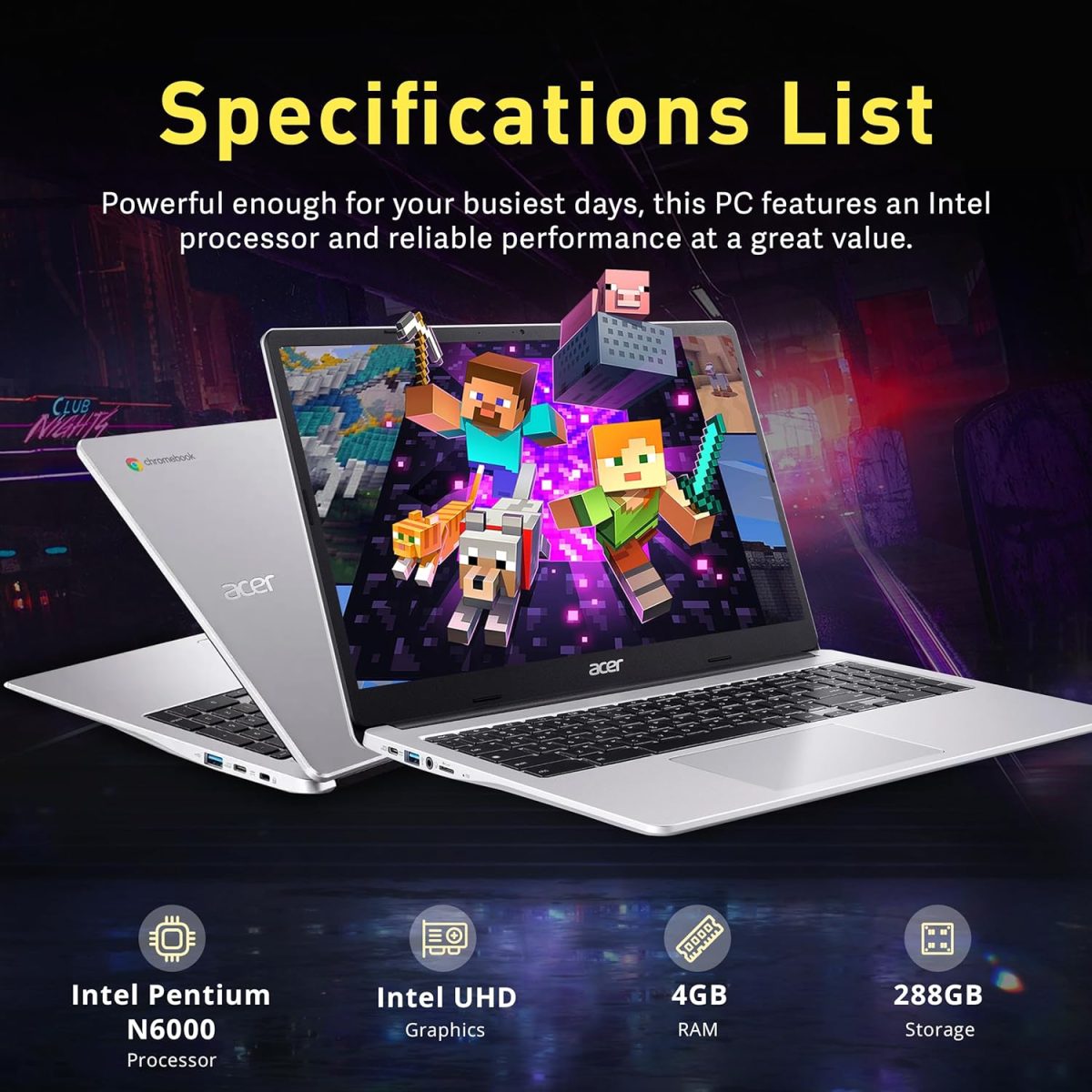 ⁦ايسر لابتوب كروم بوك 315، شاشة 15.6 انش HD مضادة للتوهج، انتل بنتيوم N6000، 4GB LPDDR4X، تخزين 288GB (128GB eMMC + قاعدة شحن 160GB)، بطاقة رسومات UHD، لوحة ارقام، واي فاي 6، نظام تشغيل كروم، فضي⁩ - الصورة ⁦3⁩