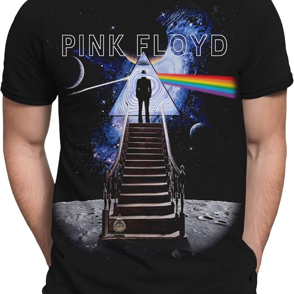 تي شيرت أزرق سائل مطبوع عليه صورة فيلم فلويد مطبوع عليه Stairway to The Moon