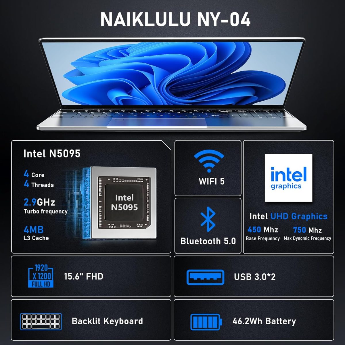 ⁦لابتوب العاب 15.6 انش من نايكلولو، 16GB RAM 512GB SSD، معالج N5095 4C/4T (حتى 2.9Ghz)، رسومات UHD، شاشة 15.6 انش FHD 1920×1080، واي فاي 5، بلوتوث 5.0، كيبورد باضاءة خلفية، فتح بصمة الاصبع⁩ - الصورة ⁦2⁩