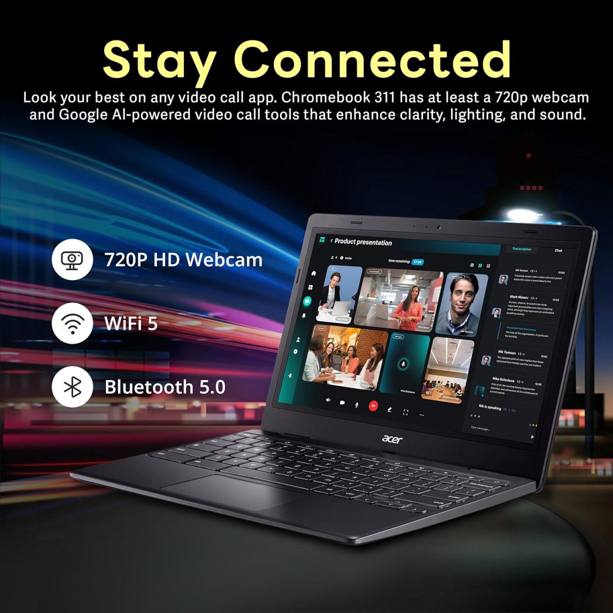 ⁦ايسر لابتوب كروم بوك 311 11.6 انش HD، انتل سيليرون N4500، بطاقة عرض مرئي انتل UHD، ذاكرة RAM LPDDR4X 4GB، تخزين 224GB (64GB eMMC + مجموعة قاعدة شحن 160GB)، نظام تشغيل كروم، واي فاي 5، اسود⁩ - الصورة ⁦5⁩