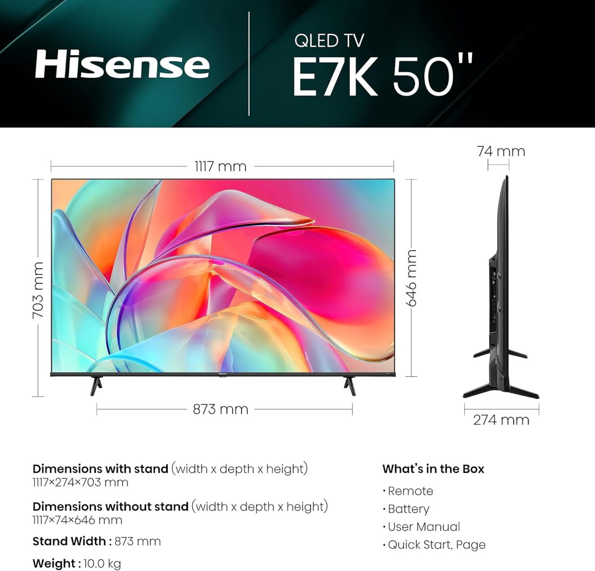 ⁦هايسينس تلفزيون QLED ذكي 50 بوصة E7K مع لون كوانتوم دوت، دولبي فيجن·اتموس، مشاركة للتلفزيون والتحكم الصوتي ووضع اللعب VRR ALLM، وضع رياضي ذكاء اصطناعي، يوتيوب، نتفليكس، شاهد وانغامي، 50E7K (مجدد)⁩ - الصورة ⁦3⁩