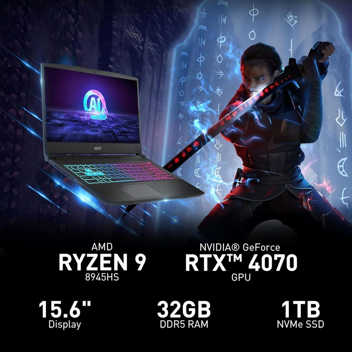⁦MSI لابتوب العاب كاتانا A15 AI 15.6 انش 165Hz QHD للالعاب، رايزن 9-8945HS، انفيديا جيفورس RTX 4070، 32GB DDR5، 1TB NVMe SSD، كولر بوست 5، ويندوز 11: اسود B8VG-450US⁩ - الصورة ⁦2⁩
