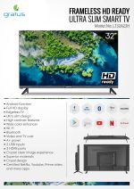 ⁦جراتوس تلفزيون LED ذكي 32 بوصة بدون حواف HD مع ريسيفر مدمج DVB T2/S2، اندرويد 12، 2 USB، 2 HDMI، دقة عالية، صوت فائق، موديل LT32A23H⁩ - الصورة ⁦7⁩