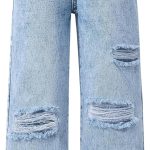 سيور بنطلون جينز ممزق كاجوال للبنات بارجل واسعة مغسولة بقصة فضفاضة بخصر مرن من الدينيم مع جيوب