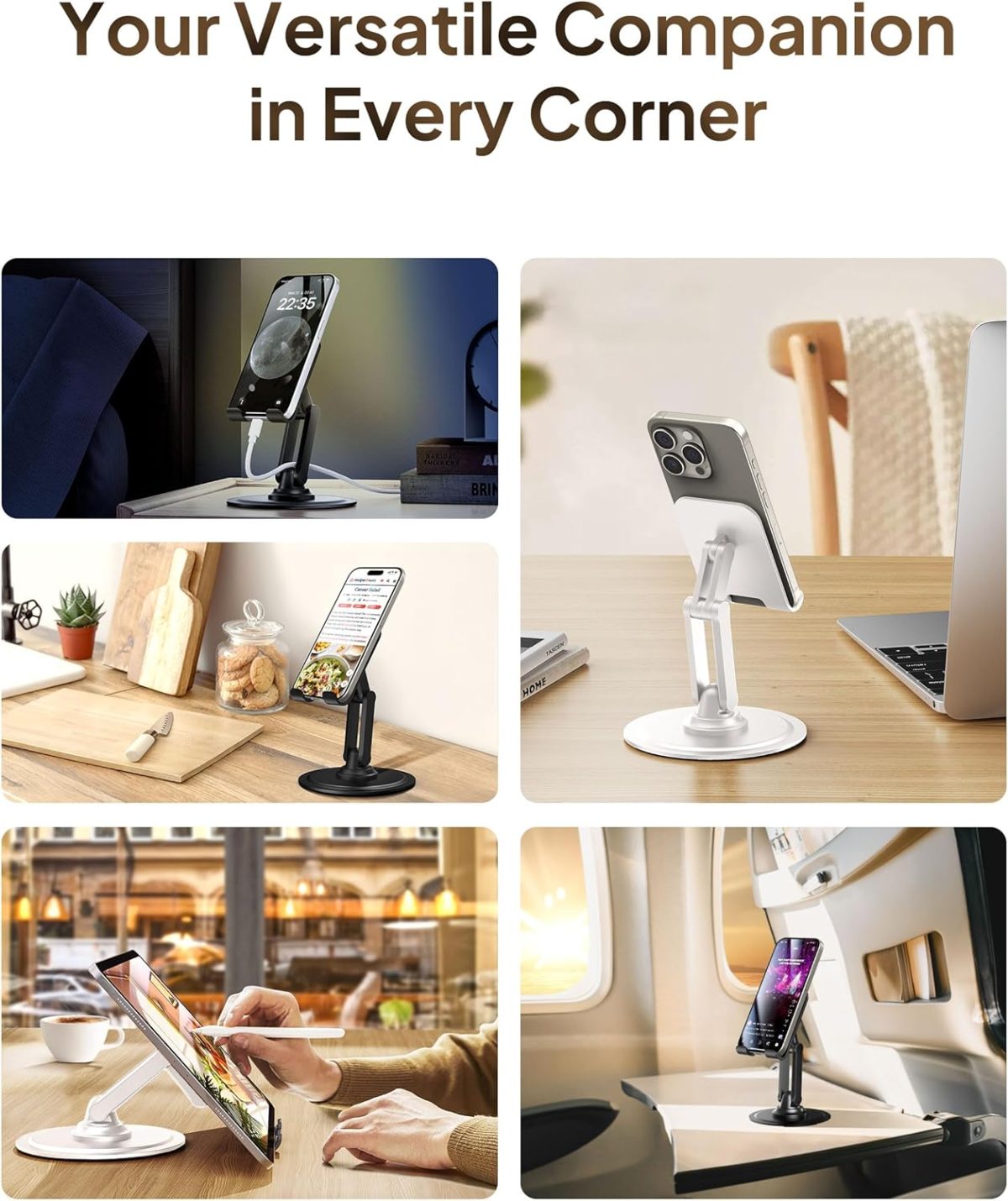 ⁦Cooper 360 Stand - Adjustable Cell Phone Stand for Desk | 360 Click-Rotating, Multi-Angle, Non-Slip Metal Base, Foldable & Portable | iPhone Stand for Desk, Cell Phone Stand Holder (Piano Black)⁩ - الصورة ⁦5⁩