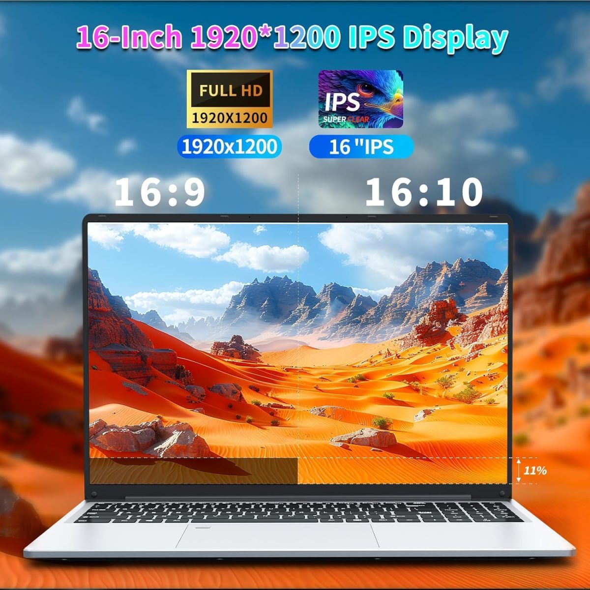 ⁦لابتوب العاب 16 انش، انتل سيليرون N100 (حتى 3.4GHZ) ويندوز 11 برو للالعاب 16GB 1TB SSD، لابتوب تقليدي، شاشة FHD 1920x1200، فتح بصمة الاصبع، كيبورد باضاءة خلفية، نتبوك⁩ - الصورة ⁦2⁩