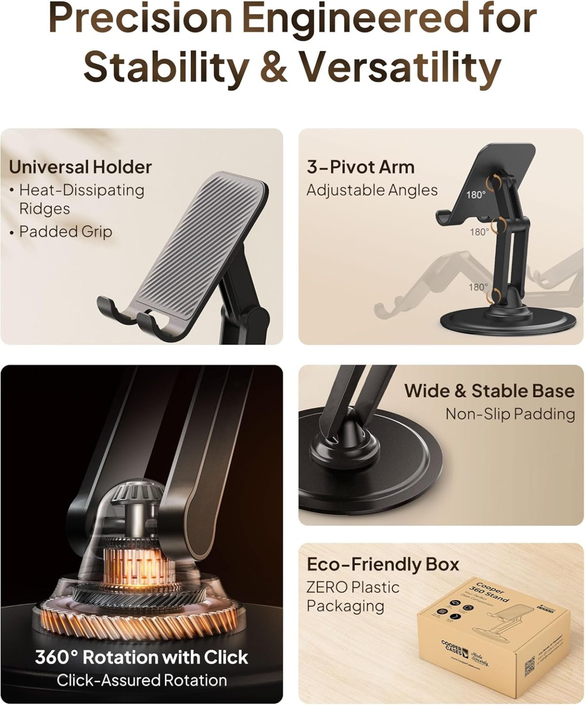 ⁦Cooper 360 Stand - Adjustable Cell Phone Stand for Desk | 360 Click-Rotating, Multi-Angle, Non-Slip Metal Base, Foldable & Portable | iPhone Stand for Desk, Cell Phone Stand Holder (Piano Black)⁩ - الصورة ⁦3⁩