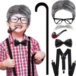 زي الرجل العجوز من 100 يوم من المدرسة للاولاد - زي الجد للاطفال مع شعر مستعار وشارب وعكاز ونظارات وانبوب - اكسسوارات ممتعة لليوم 100 من المدرسة للاطفال