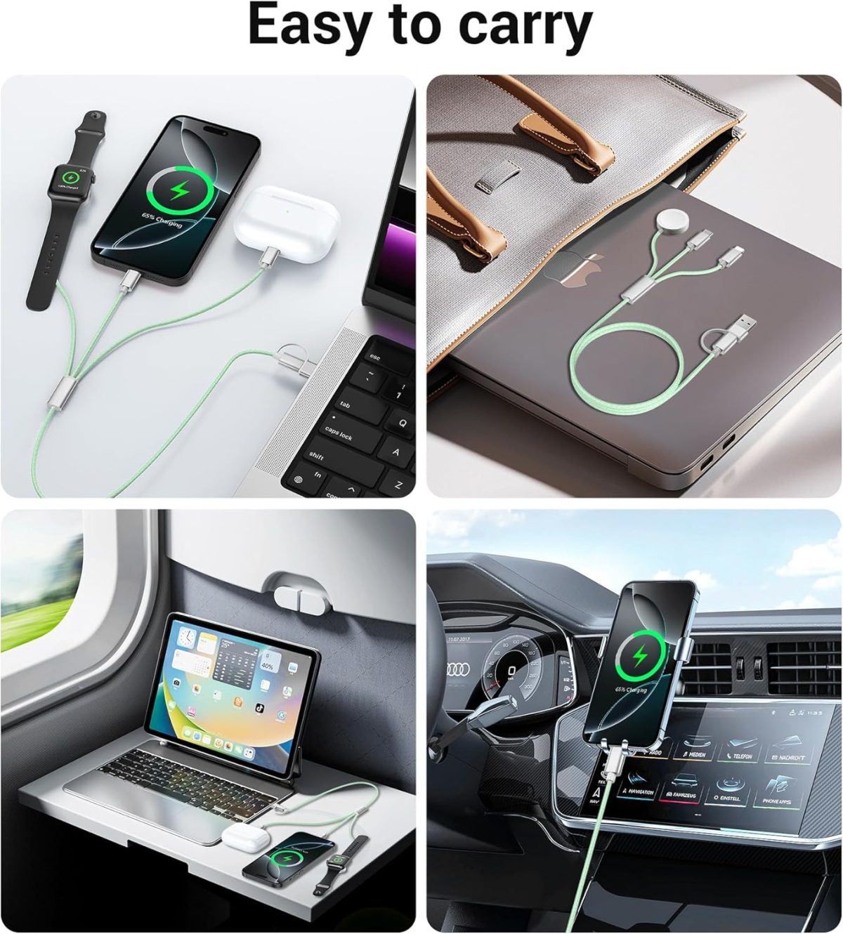 ⁦تيمدان شاحن ساعة ابل، كيبل USB C 3 في 2 لشاحن ايفون 16/نوع سي/لايتنينج، سلك كابل شحن متعدد، اساسيات السفر المحمولة مصمم لساعة اي ووتش الترا/اس اي/10-1 وايفون 16-12-4 قدم، اخضر⁩ - الصورة ⁦7⁩