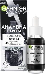 جارنيير سيروم فحم النياسيناميد 4% AHA + BHA (حمض الساليسيليك) من سكين اكتيف، يعمل على تجديد السطح وملمس البشرة الناعم، يحسن مظهر العلامات والعيوب، مناسب للبشرة الحساسة، 30 مل
