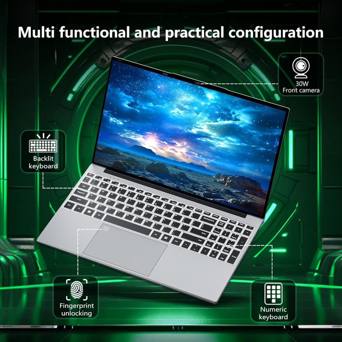 ⁦لابتوب العاب 15.6 انش، معالج سيليرون N5095، 16GB 512GB SSD، شاشة FHD 1920×1080، فتحة 180 زاوية ببصمة الاصبع، كيبورد باضاءة خلفية، ميني HDMI⁩ - الصورة ⁦6⁩