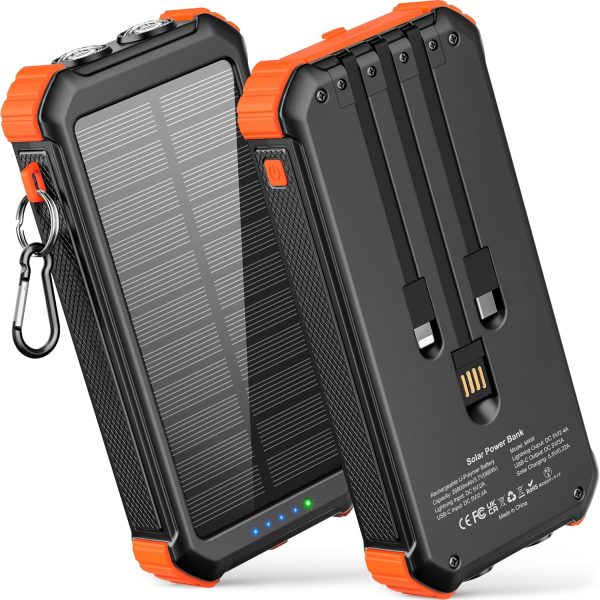 دبليو اي اس تي دي اي باور بانك يعمل بالطاقة الشمسية 26800mAh مع 3 كابلات، باور بانك 15 واط للشحن السريع 3 مداخل و4 مخارج، شاحن شمسي مدمج بمصابيح يدوية مزدوجة مع 3 اوضاع (ثابت-SOS-Strobe) للتخييم في