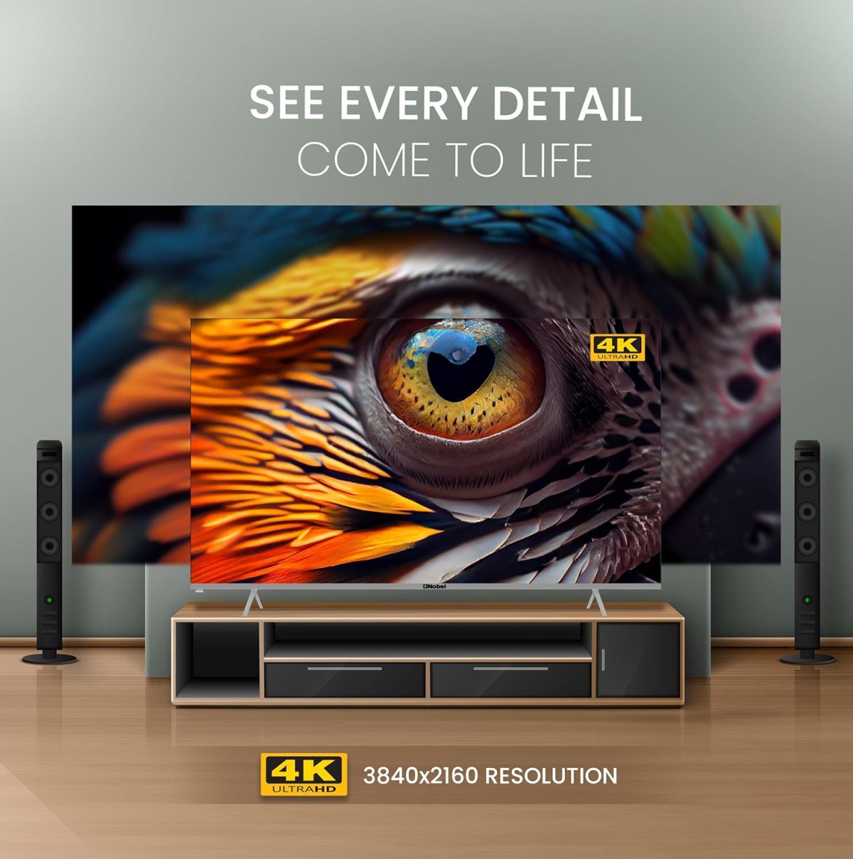 ⁦نوبل تلفزيون LED ذكي 75 بوصة 4K UHD بدون اطار مع اندرويد 13 وHDR ومنافذ HDMI وUSB وشبكة محلية LAN ومدخل محوري ومكبرات صوت مدمجة وواي فاي وDLED فائق النحافة للبث UHD75VIDS، اسود⁩ - الصورة ⁦4⁩